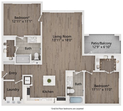 plan 2 bedroom with 2 baths 1190 square feet